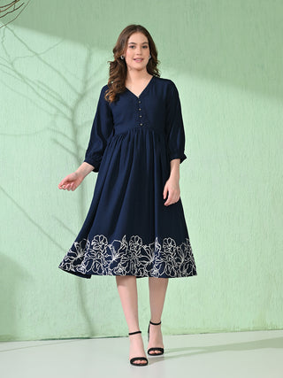 Myshka Women's Flared Knee Length Embroidered Navy Dress - Distacart