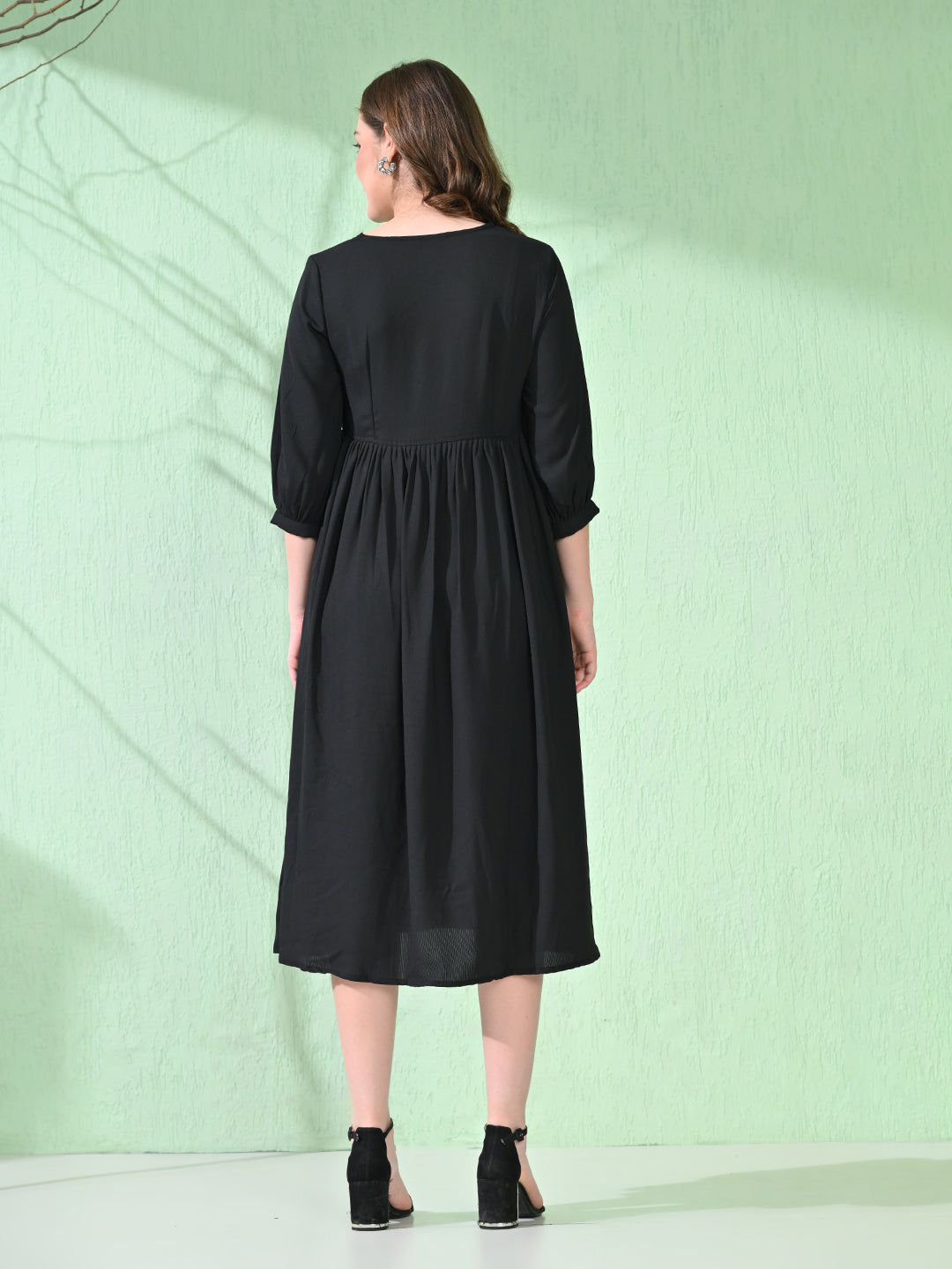 Myshka Women's Flared Knee Length Embroidered Black Dress - Distacart