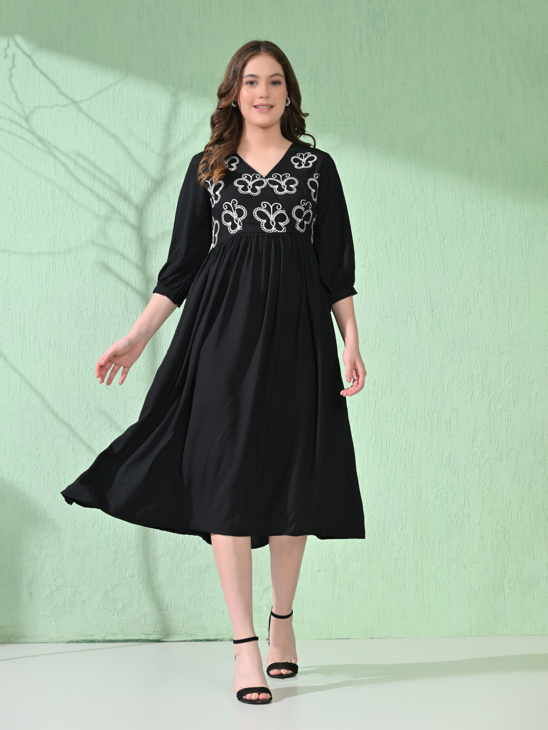 Myshka Women's Flared Knee Length Embroidered Black Dress - Distacart