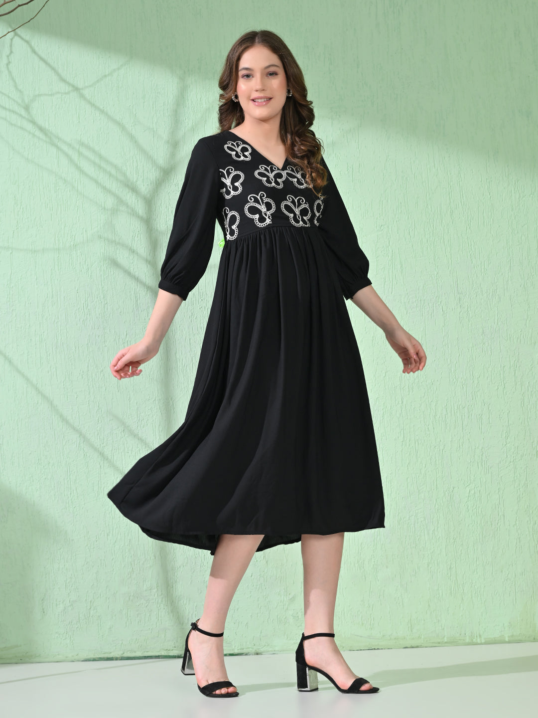 Myshka Women's Flared Knee Length Embroidered Black Dress - Distacart