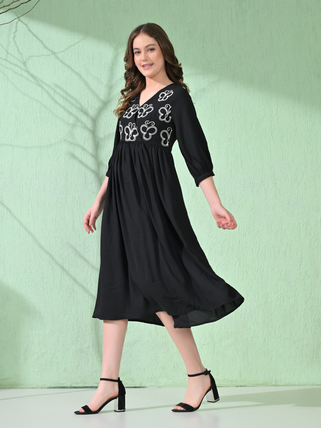 Myshka Women's Flared Knee Length Embroidered Black Dress - Distacart