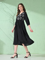Thumbnail for Myshka Women's Flared Knee Length Embroidered Black Dress - Distacart