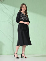 Thumbnail for Myshka Women's Flared Knee Length Embroidered Black Dress - Distacart
