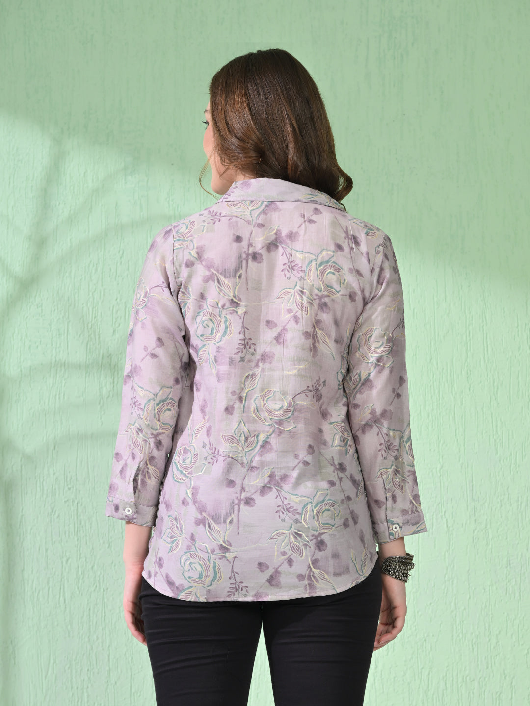 Myshka Women's Causal Printed Shirt Style Embroidered Top Lavender Color - Distacart