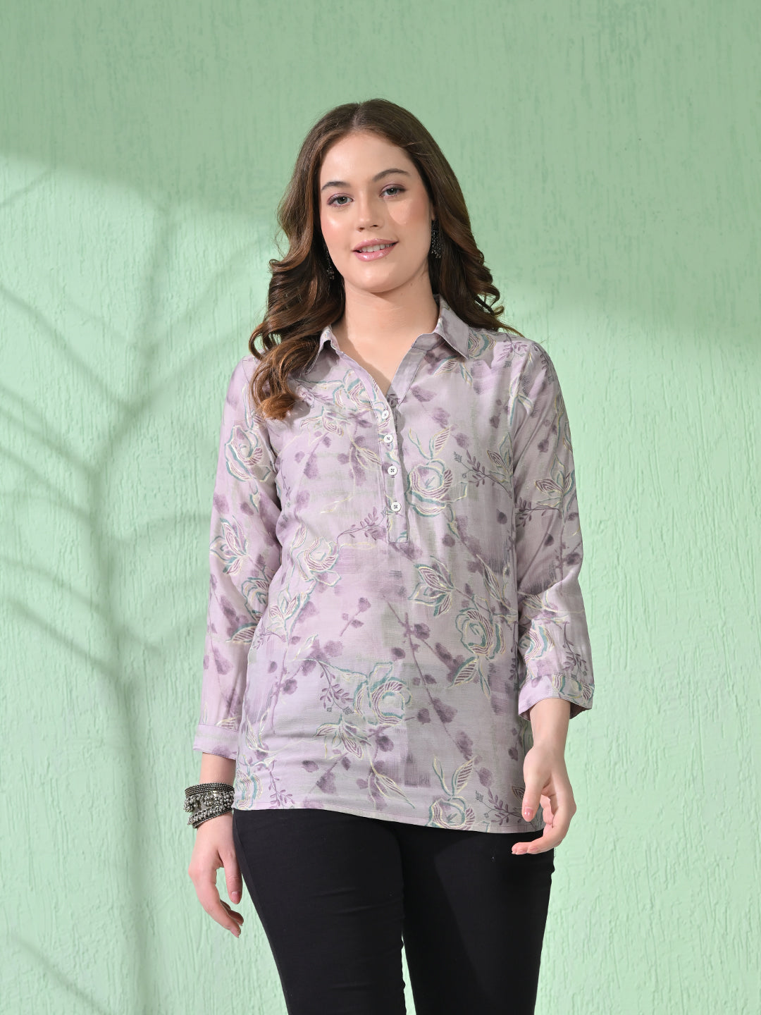 Myshka Women's Causal Printed Shirt Style Embroidered Top Lavender Color - Distacart