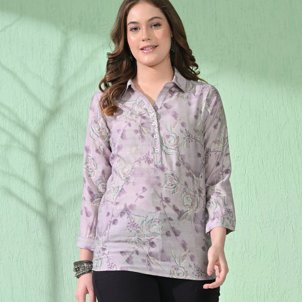 Myshka Women's Causal Printed Shirt Style Embroidered Top Lavender Color - Distacart