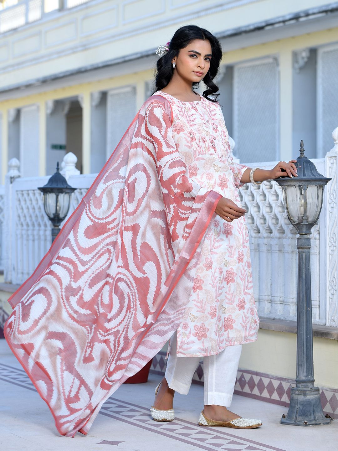 Vaasva Women's Cream Chocolate Linen Digital Printed Suit Set - Distacart