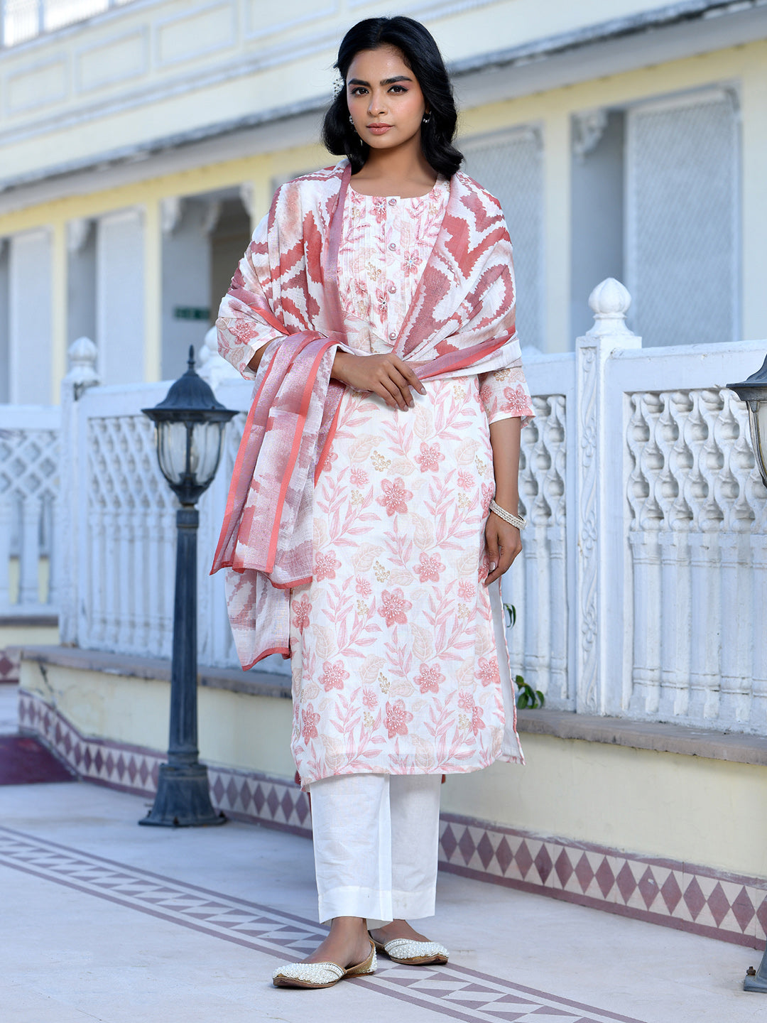 Vaasva Women's Cream Chocolate Linen Digital Printed Suit Set - Distacart