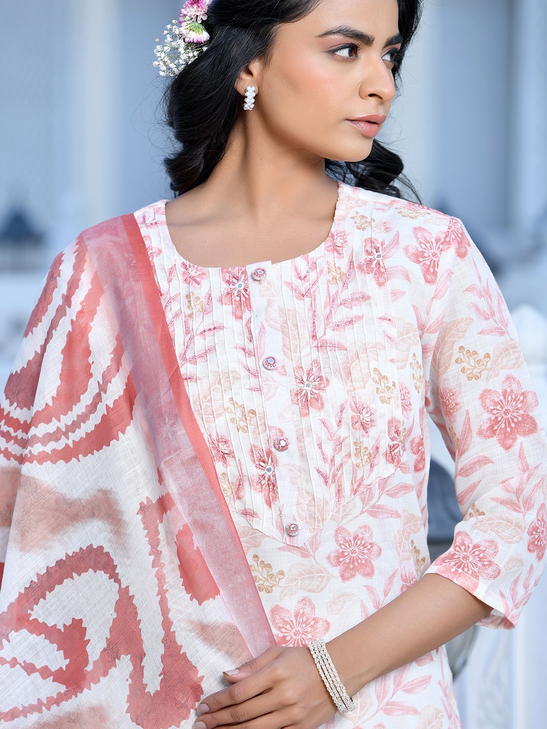 Vaasva Women's Cream Chocolate Linen Digital Printed Suit Set - Distacart