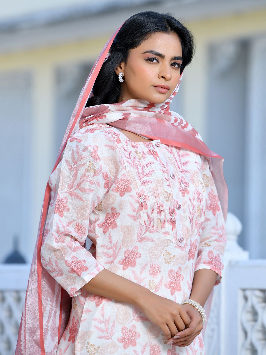 Vaasva Women's Cream Chocolate Linen Digital Printed Suit Set - Distacart