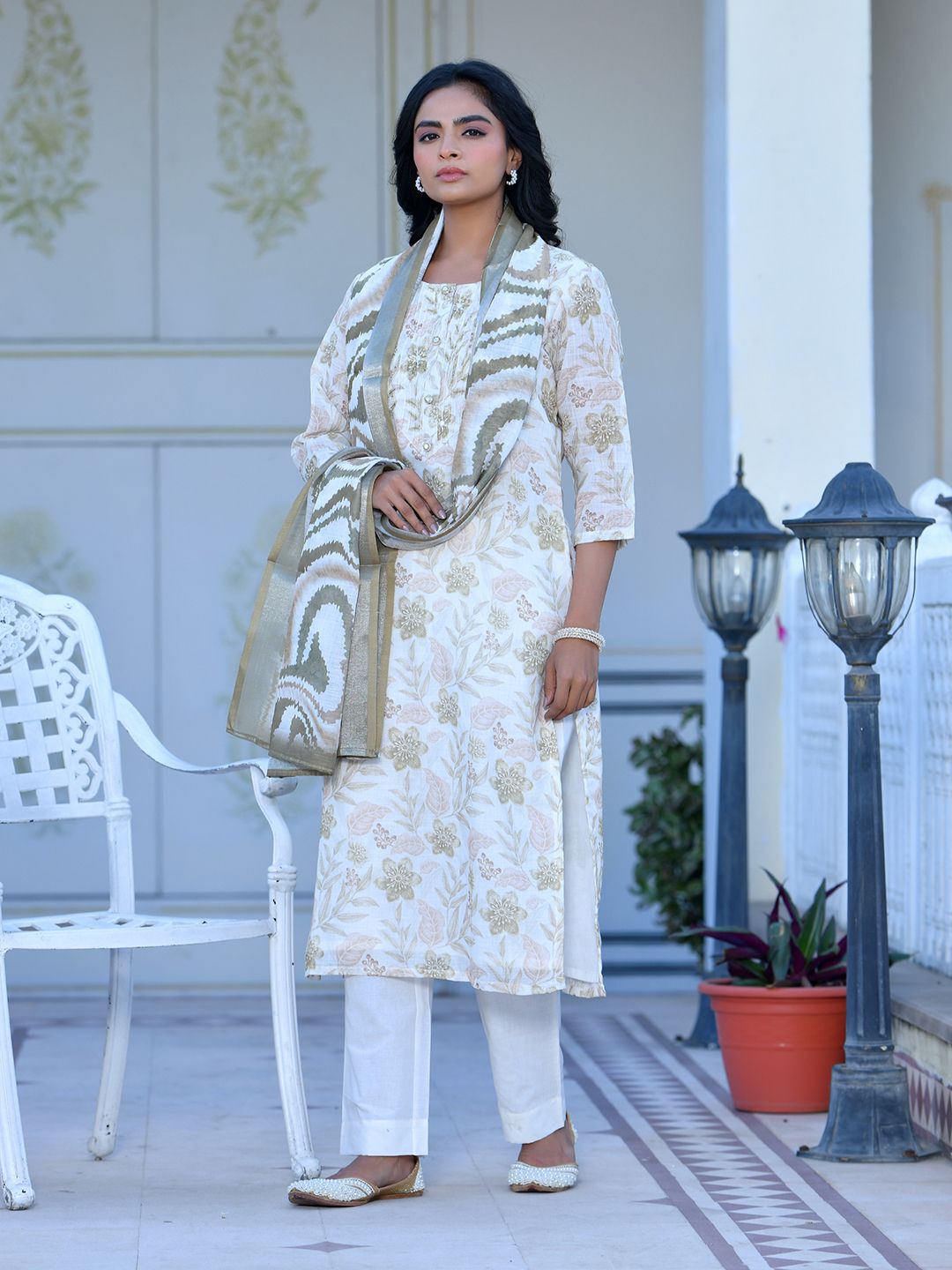 Vaasva Women's Cream Henna Linen Digital Printed Suit Set - Distacart