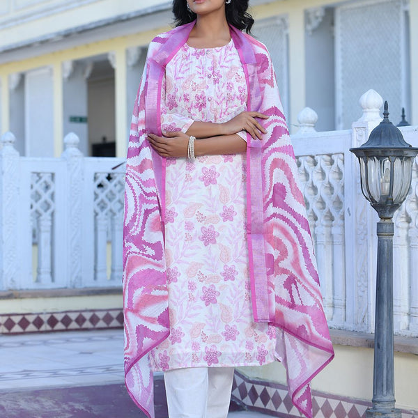 Vaasva Women's Cream Purple Linen Digital Printed Suit Set - Distacart
