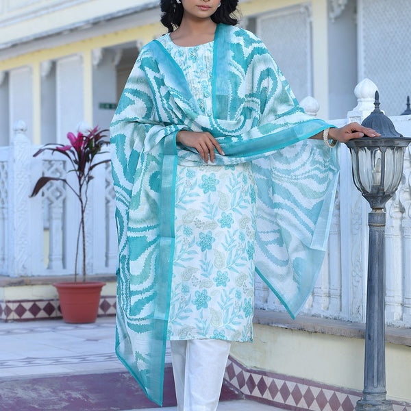 Vaasva Women's Cream Turquoise Linen Digital Printed Suit Set - Distacart