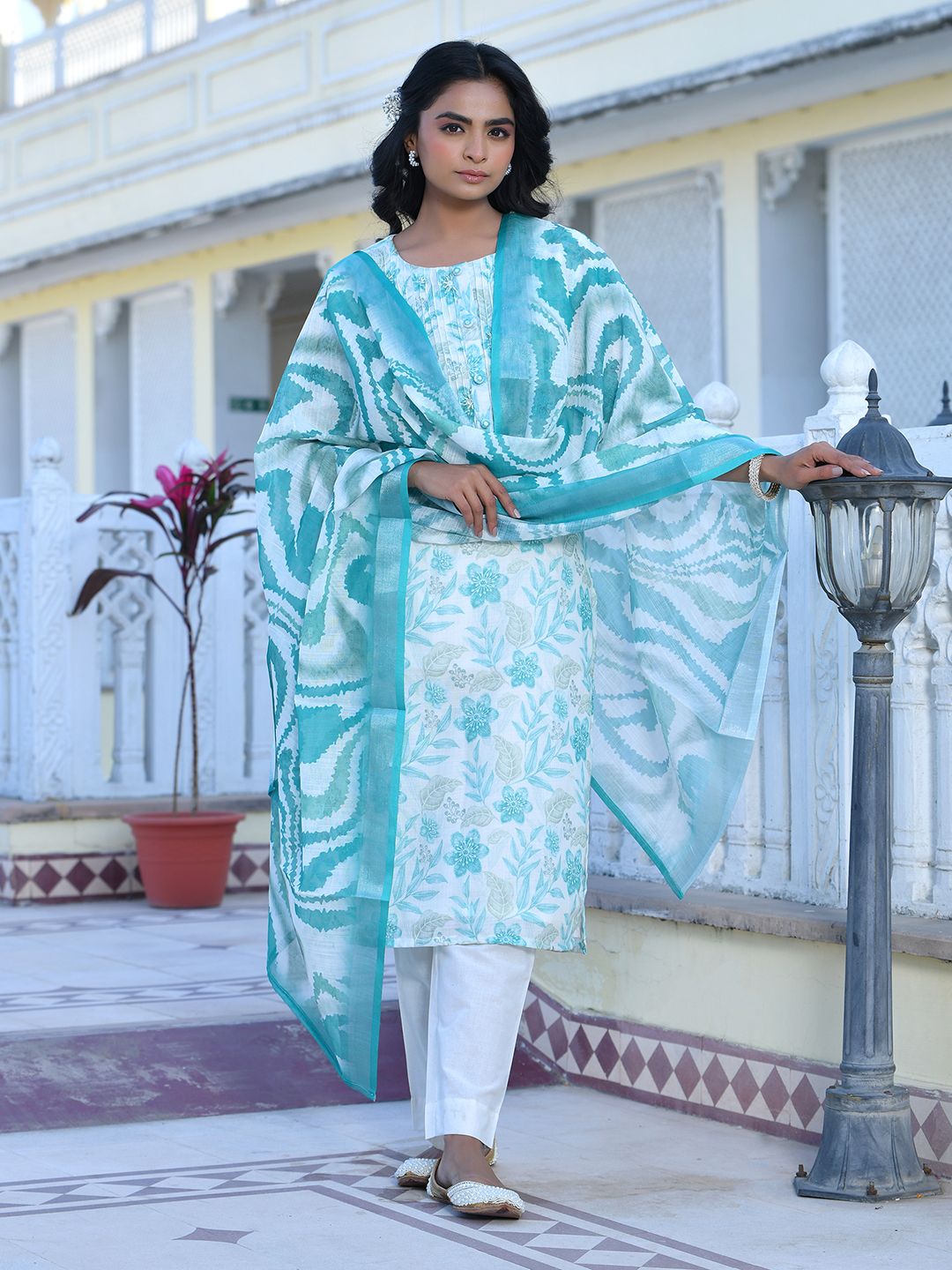 Vaasva Women's Cream Turquoise Linen Digital Printed Suit Set - Distacart
