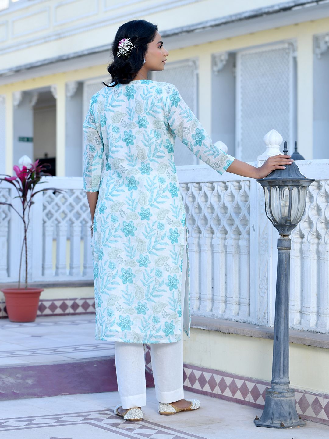 Vaasva Women's Cream Turquoise Linen Digital Printed Suit Set - Distacart