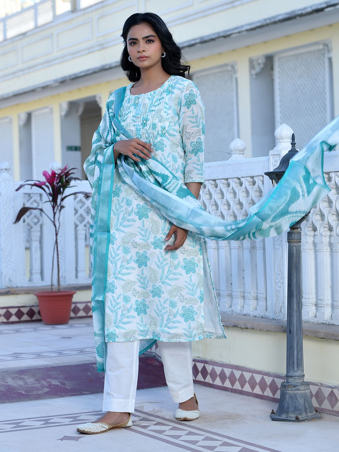 Vaasva Women's Cream Turquoise Linen Digital Printed Suit Set - Distacart
