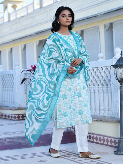 Vaasva Women's Cream Turquoise Linen Digital Printed Suit Set - Distacart