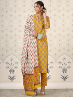 Thumbnail for Ode by House of Pataudi Mandarin Collar Floral Printed Regular Pure Cotton Kurta Set - Distacart