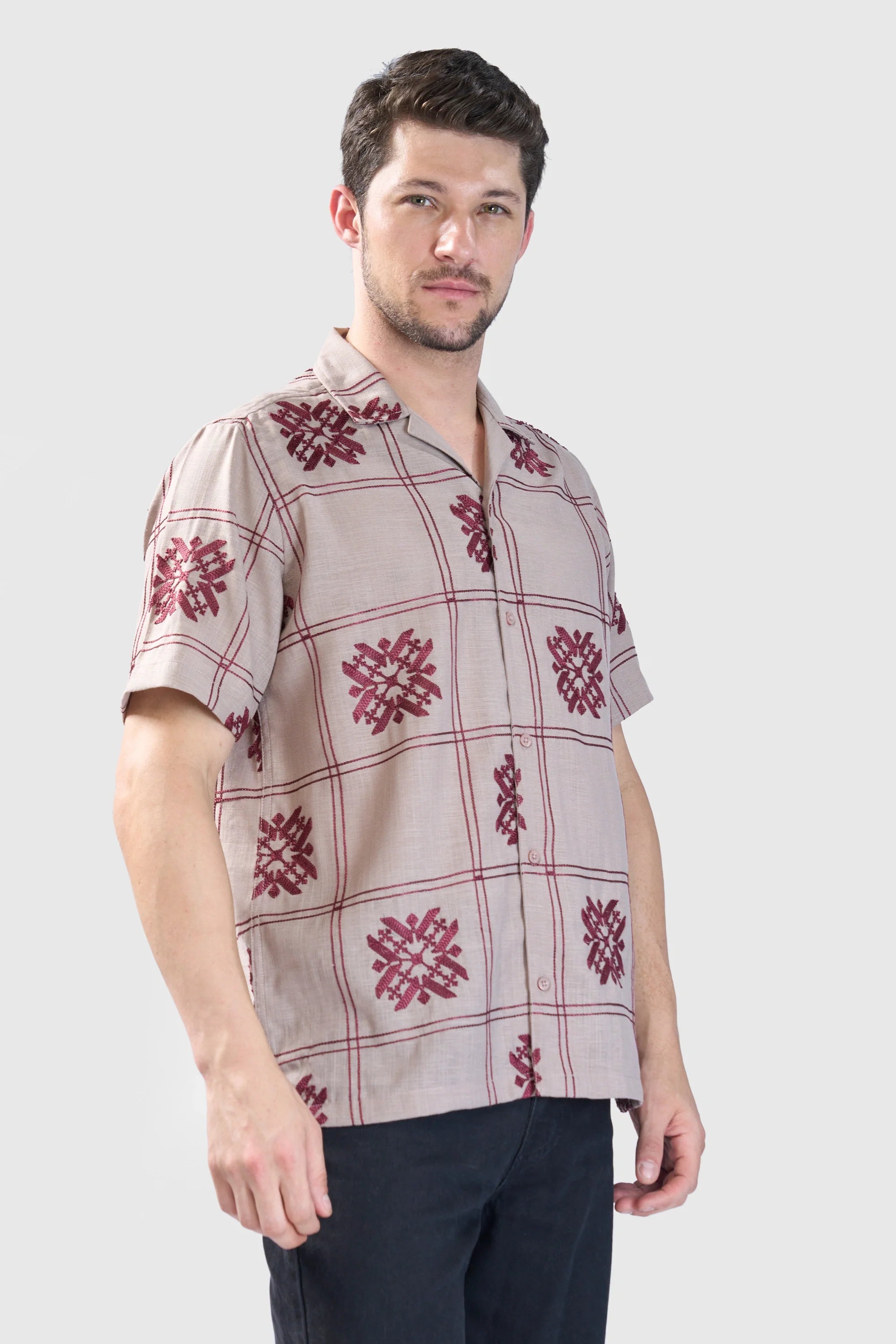Xkind Light Maroon Embroidered Releaxed Fit Shirt