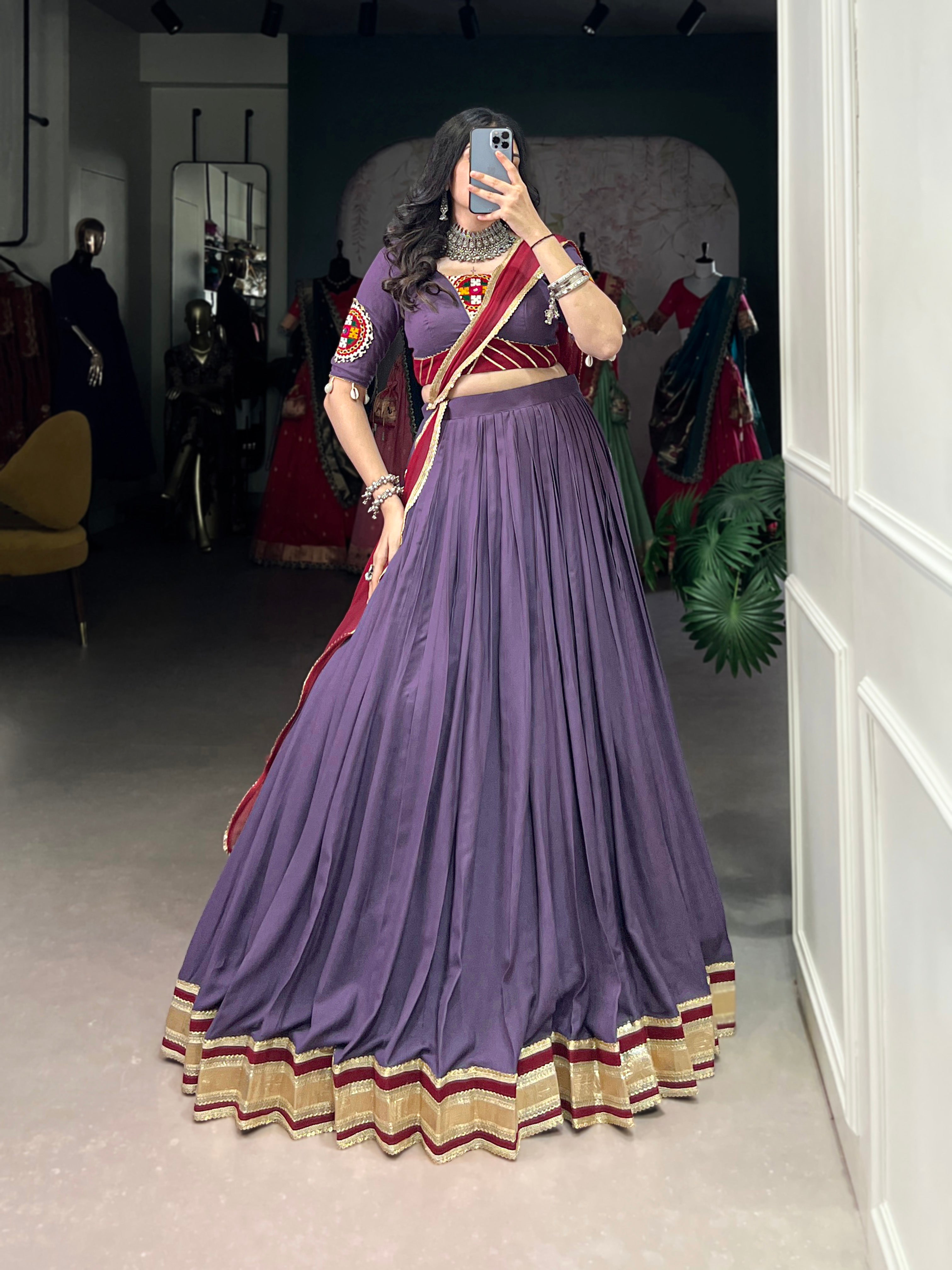 Lorenvalley Mauve Pure Rayon Embossed Design With Sequins Lace Border Lehenga Choli with Dupatta - Distacart