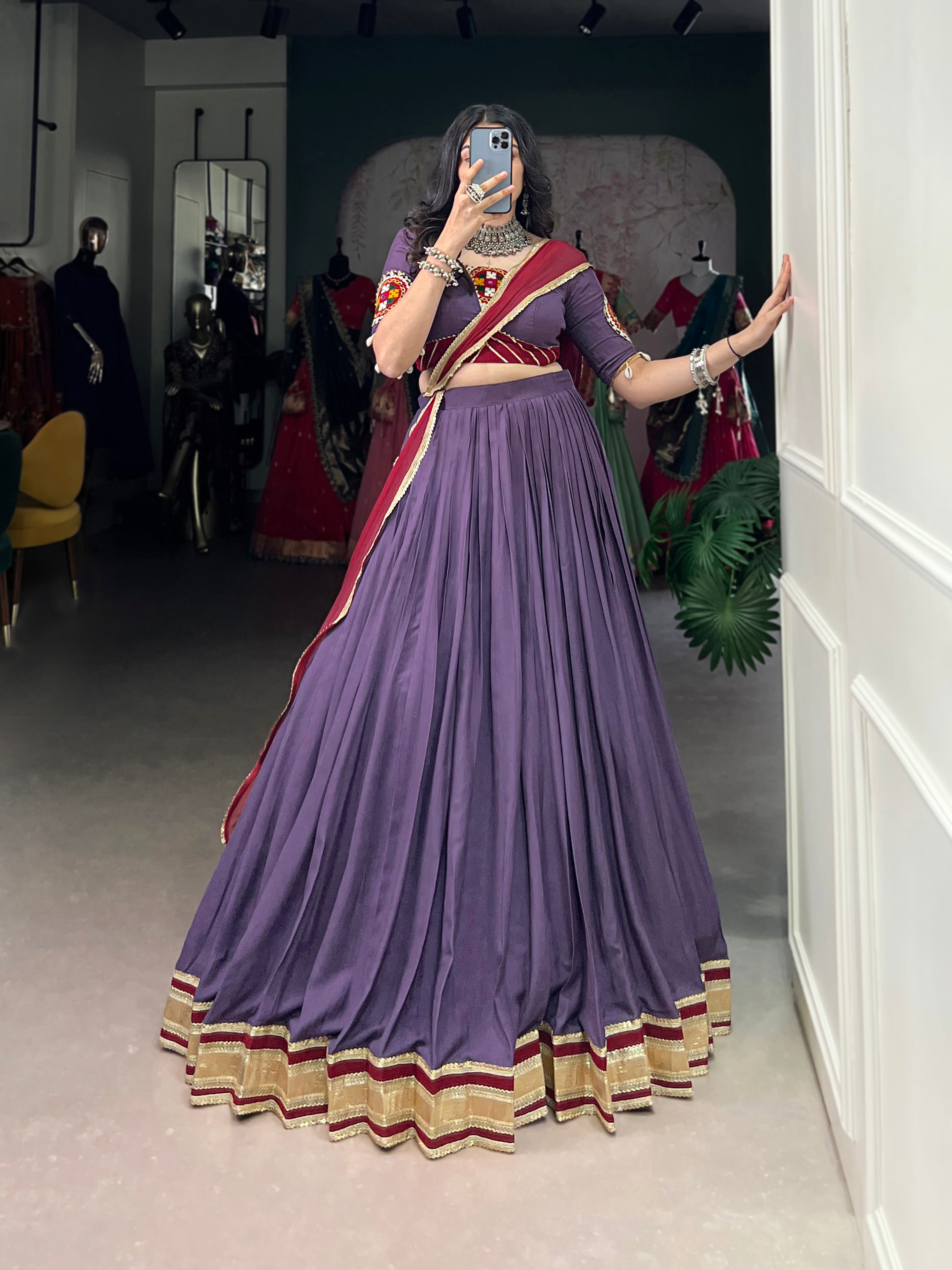 Lorenvalley Mauve Pure Rayon Embossed Design With Sequins Lace Border Lehenga Choli with Dupatta
