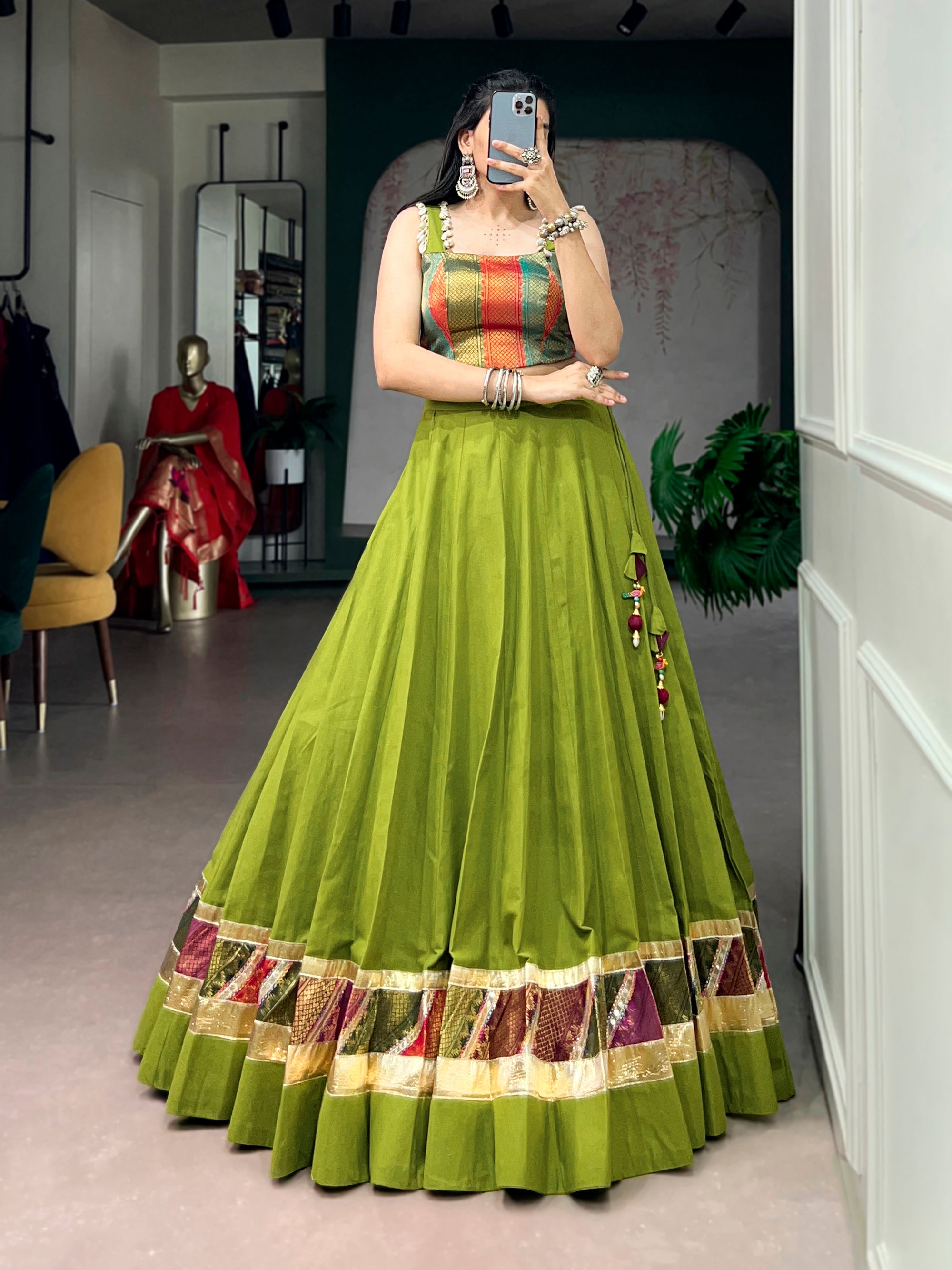 Lorenvalley Fashion Parrotgreen Cotton Enhanced With Zari Weaving, Embossed Design Work Lehenga Choli - Dista