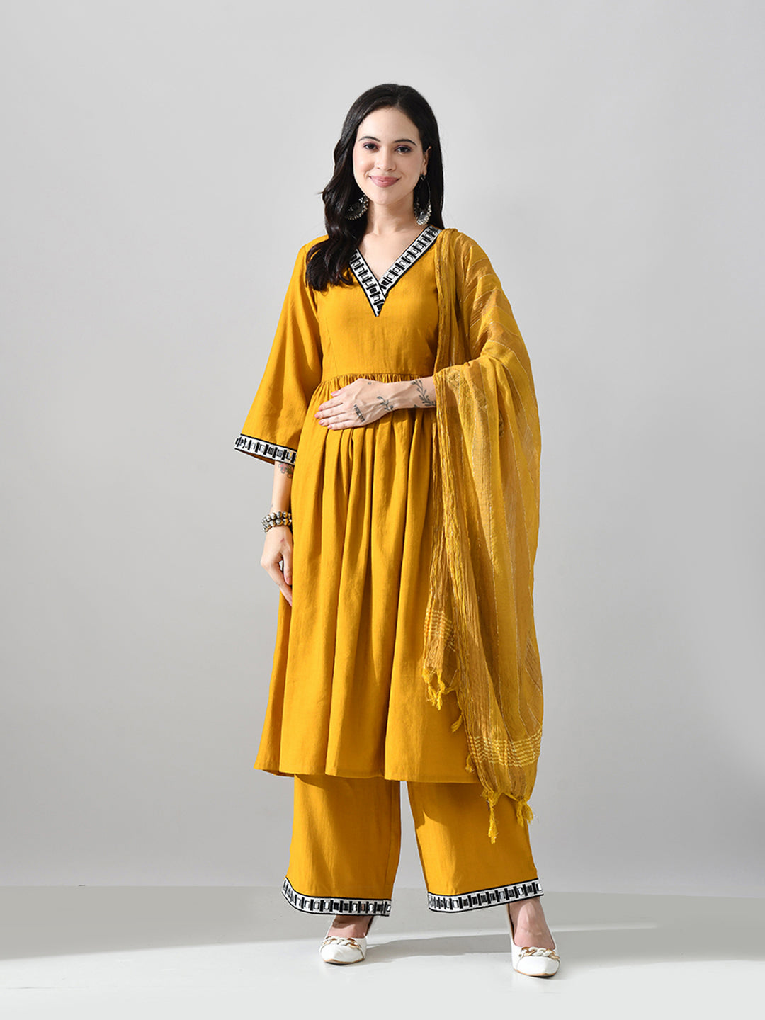 Myshka Women Mustard Embellished V-Neck Anarkali Kurta Palazzo With Dupatta