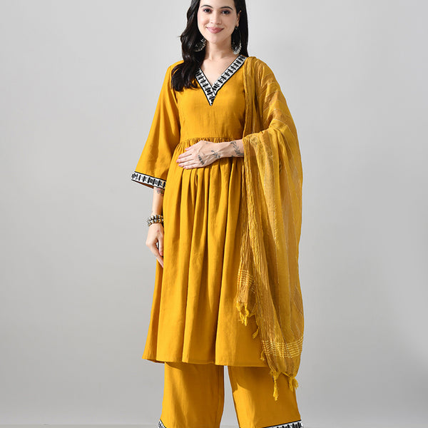 Myshka Women Mustard Embellished V-Neck Anarkali Kurta Palazzo With Dupatta