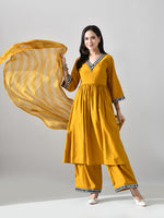 Thumbnail for Myshka Women Mustard Embellished V-Neck Anarkali Kurta Palazzo With Dupatta
