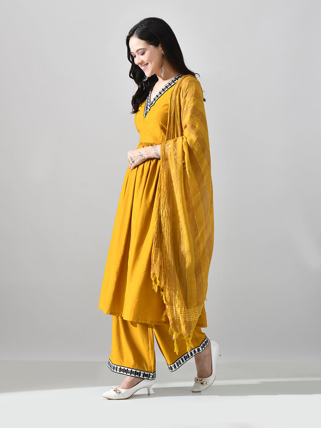 Myshka Women Mustard Embellished V-Neck Anarkali Kurta Palazzo With Dupatta