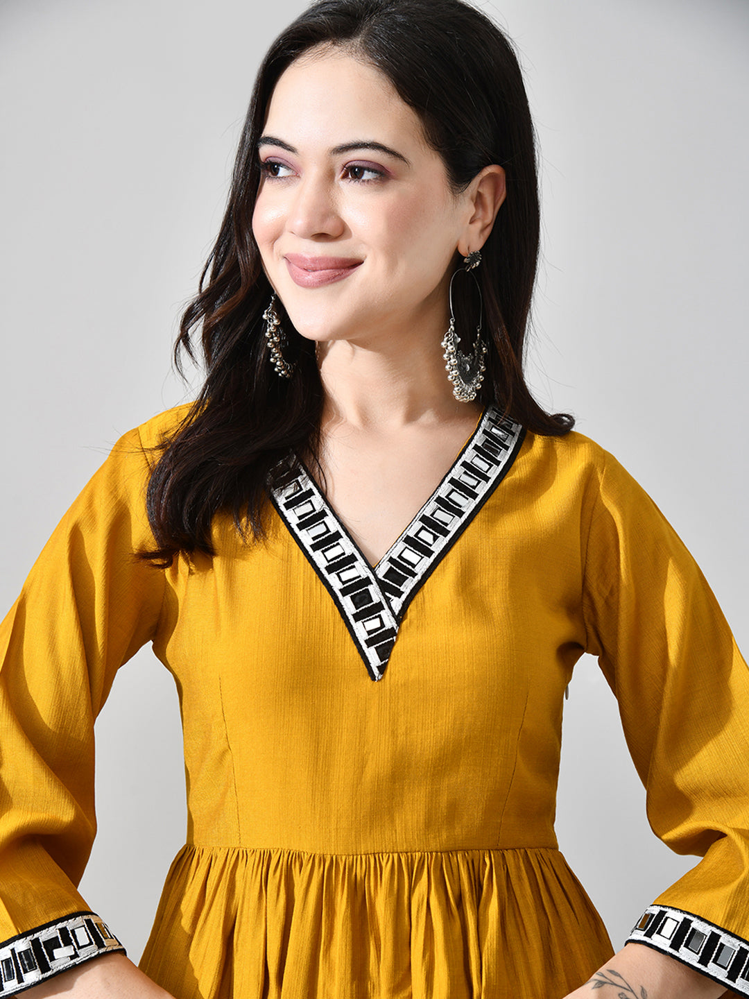 Myshka Women Mustard Embellished V-Neck Anarkali Kurta Palazzo With Dupatta