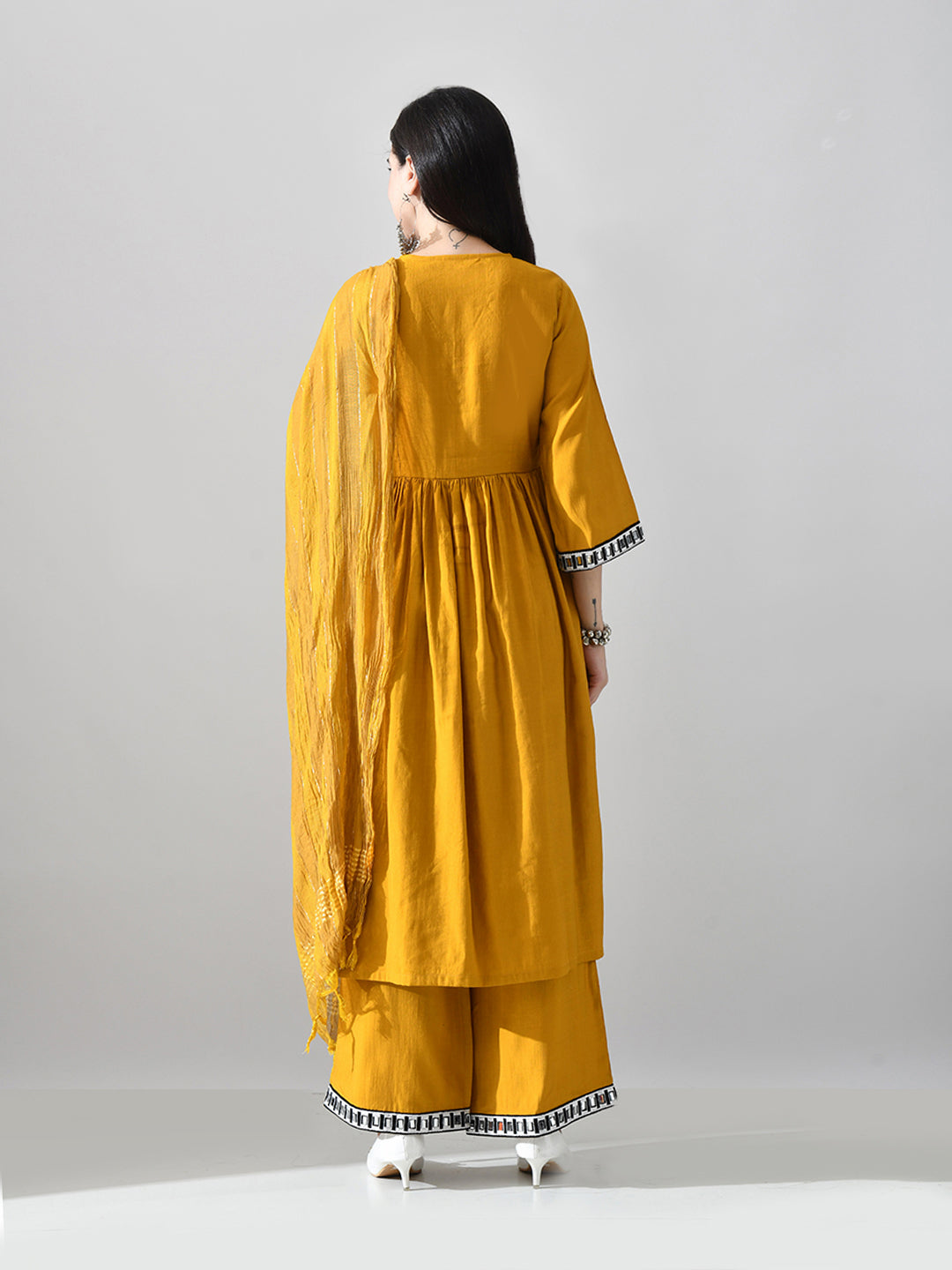 Myshka Women Mustard Embellished V-Neck Anarkali Kurta Palazzo With Dupatta