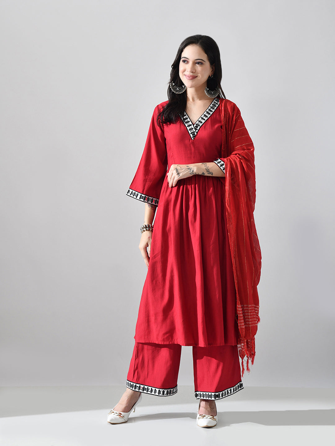 Myshka Women Red Embellished V-Neck Anarkali Kurta Palazzo With Dupatta