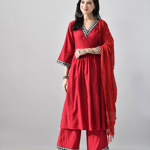 Myshka Women Red Embellished V-Neck Anarkali Kurta Palazzo With Dupatta