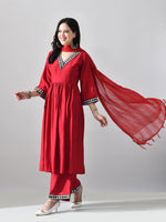 Thumbnail for Myshka Women Red Embellished V-Neck Anarkali Kurta Palazzo With Dupatta