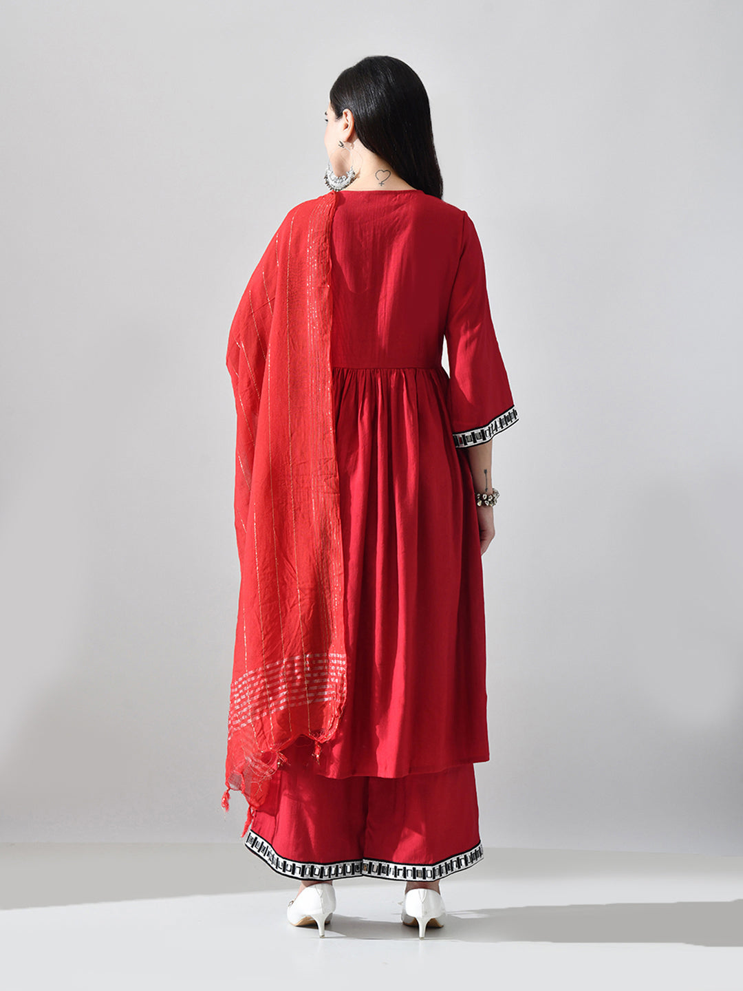 Myshka Women Red Embellished V-Neck Anarkali Kurta Palazzo With Dupatta