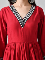 Thumbnail for Myshka Women Red Embellished V-Neck Anarkali Kurta Palazzo With Dupatta