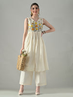 Thumbnail for Myshka Women Off White Embroidered Long Kurta With Front Slit Trouser