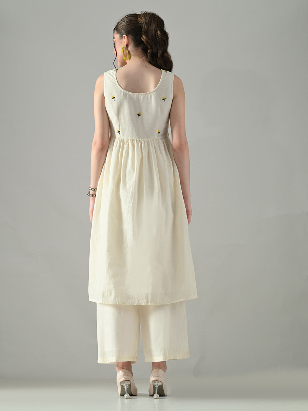 Myshka Women Off White Embroidered Long Kurta With Front Slit Trouser