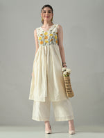 Thumbnail for Myshka Women Off White Embroidered Long Kurta With Front Slit Trouser
