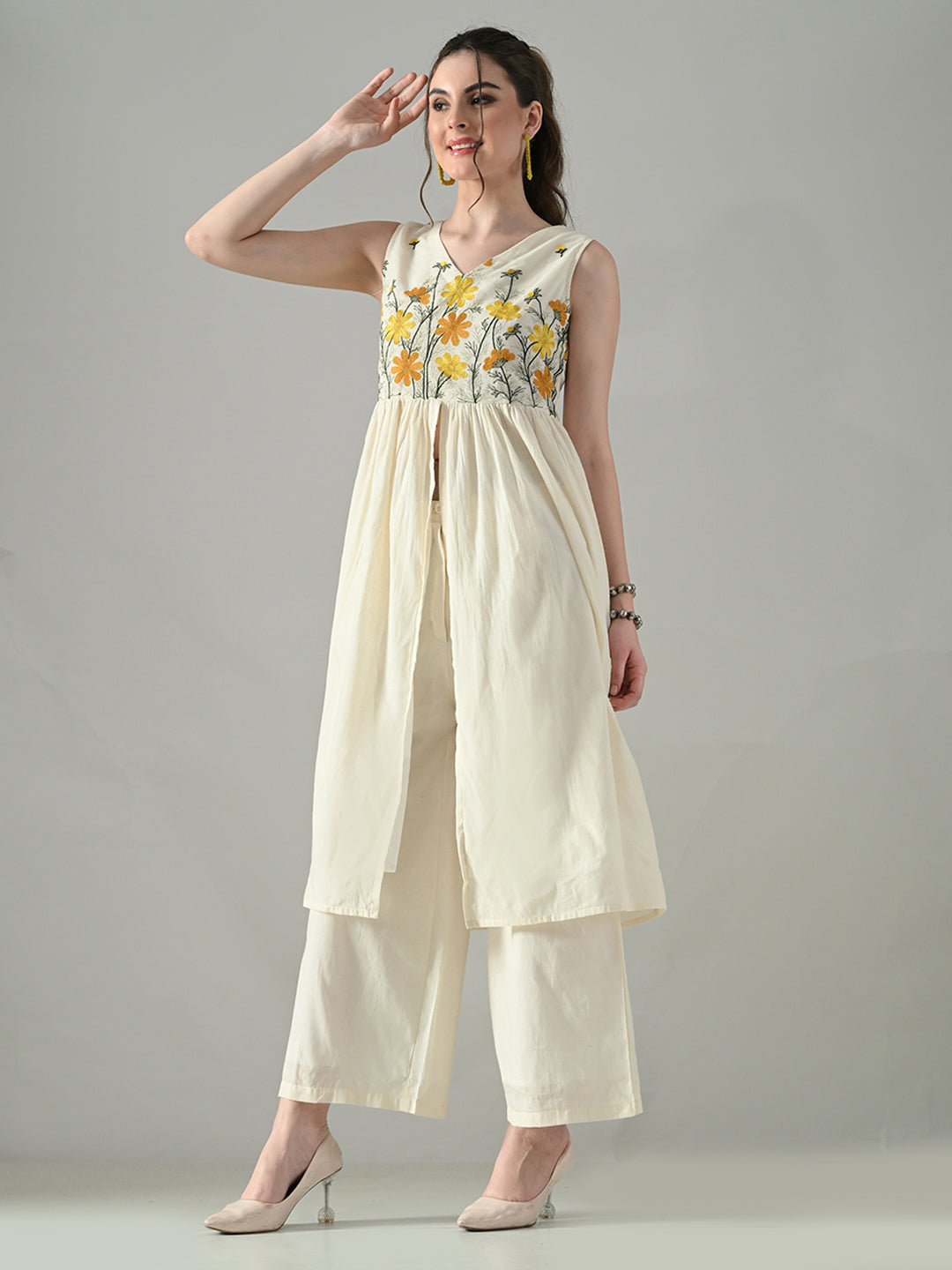 Myshka Women Off White Embroidered Long Kurta With Front Slit Trouser