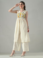 Thumbnail for Myshka Women Off White Embroidered Long Kurta With Front Slit Trouser