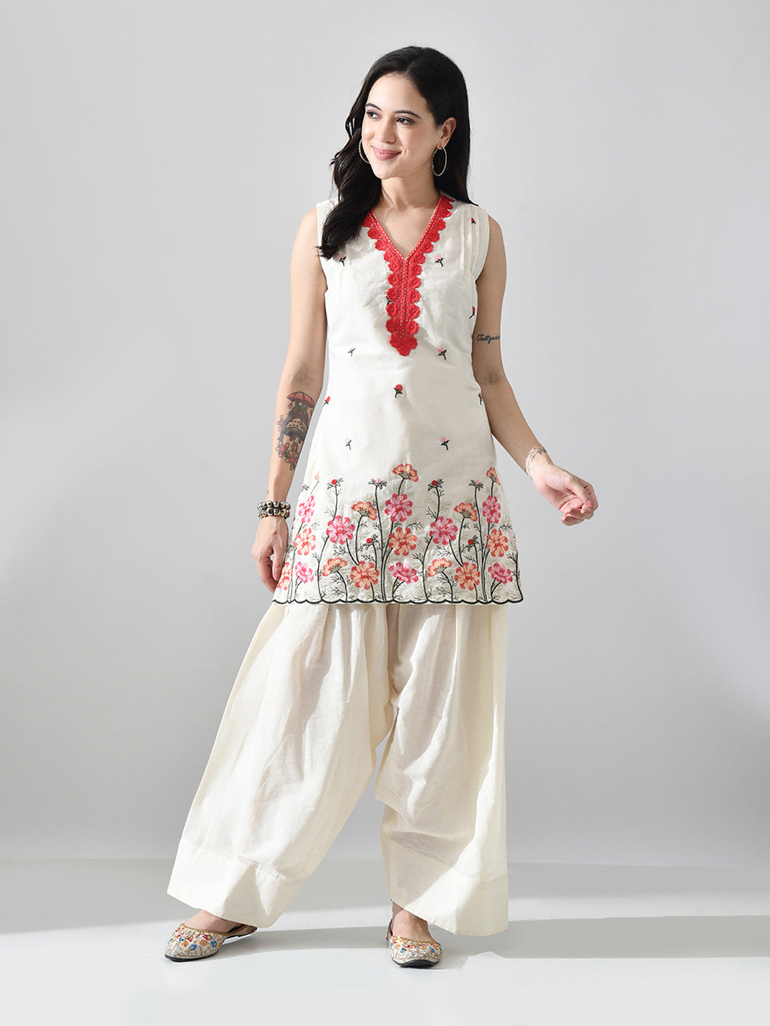 Myshka Women Off White Embroidered Short Kurta With Farsi Salwar