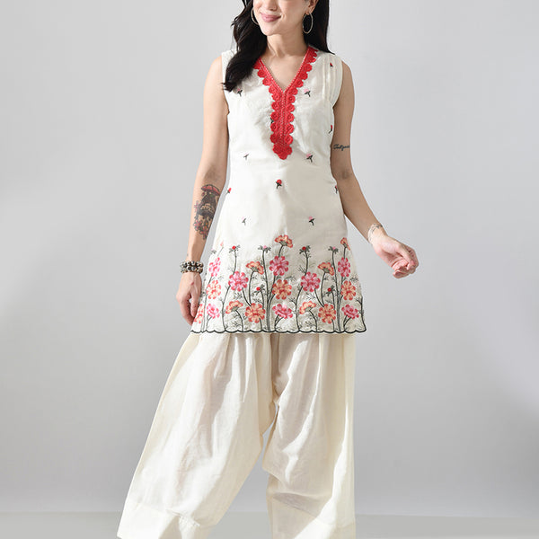 Myshka Women Off White Embroidered Short Kurta With Farsi Salwar