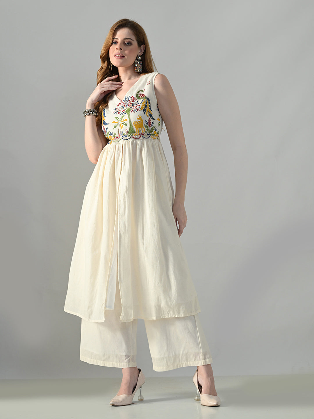 Myshka Women Off White Embroidered Long Kurta With Front Slit Trouser