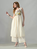 Thumbnail for Myshka Women Off White Embroidered Long Kurta With Front Slit Trouser