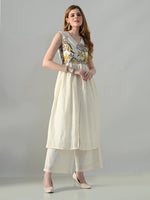 Thumbnail for Myshka Women Off White Embroidered Long Kurta With Front Slit Trouser