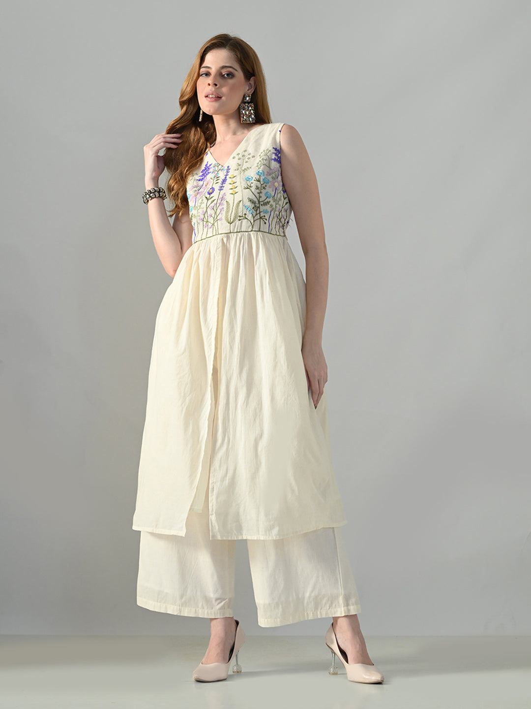 Myshka Women Off White Embroidered Long Kurta With Front Slit Trouser