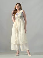 Thumbnail for Myshka Women Off White Embroidered Long Kurta With Front Slit Trouser