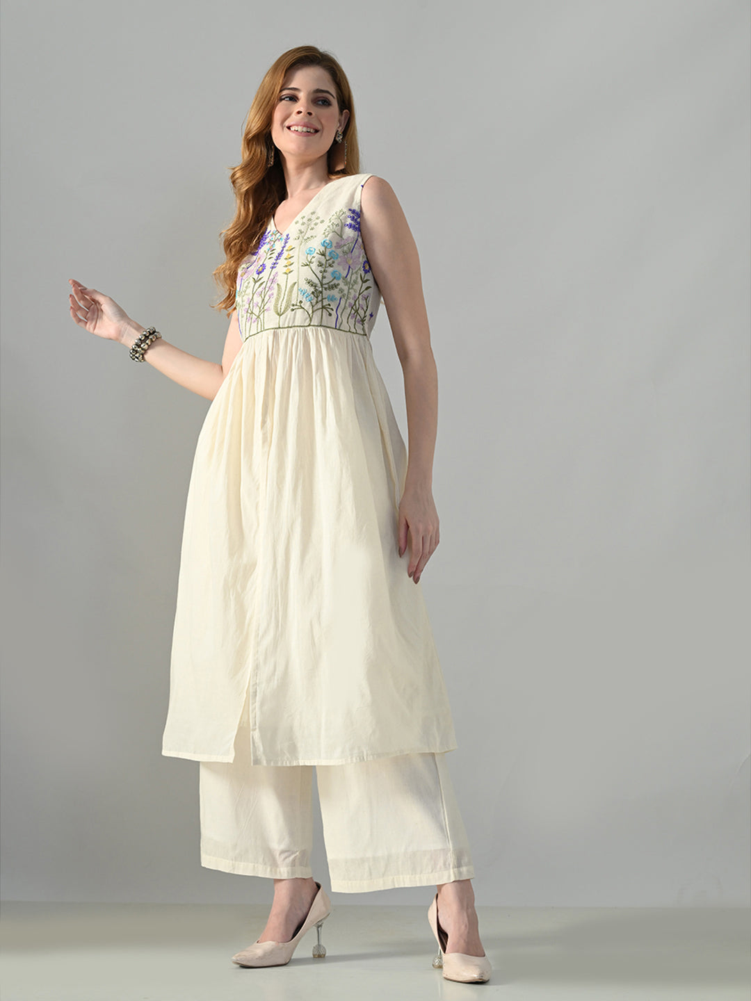 Myshka Women Off White Embroidered Long Kurta With Front Slit Trouser